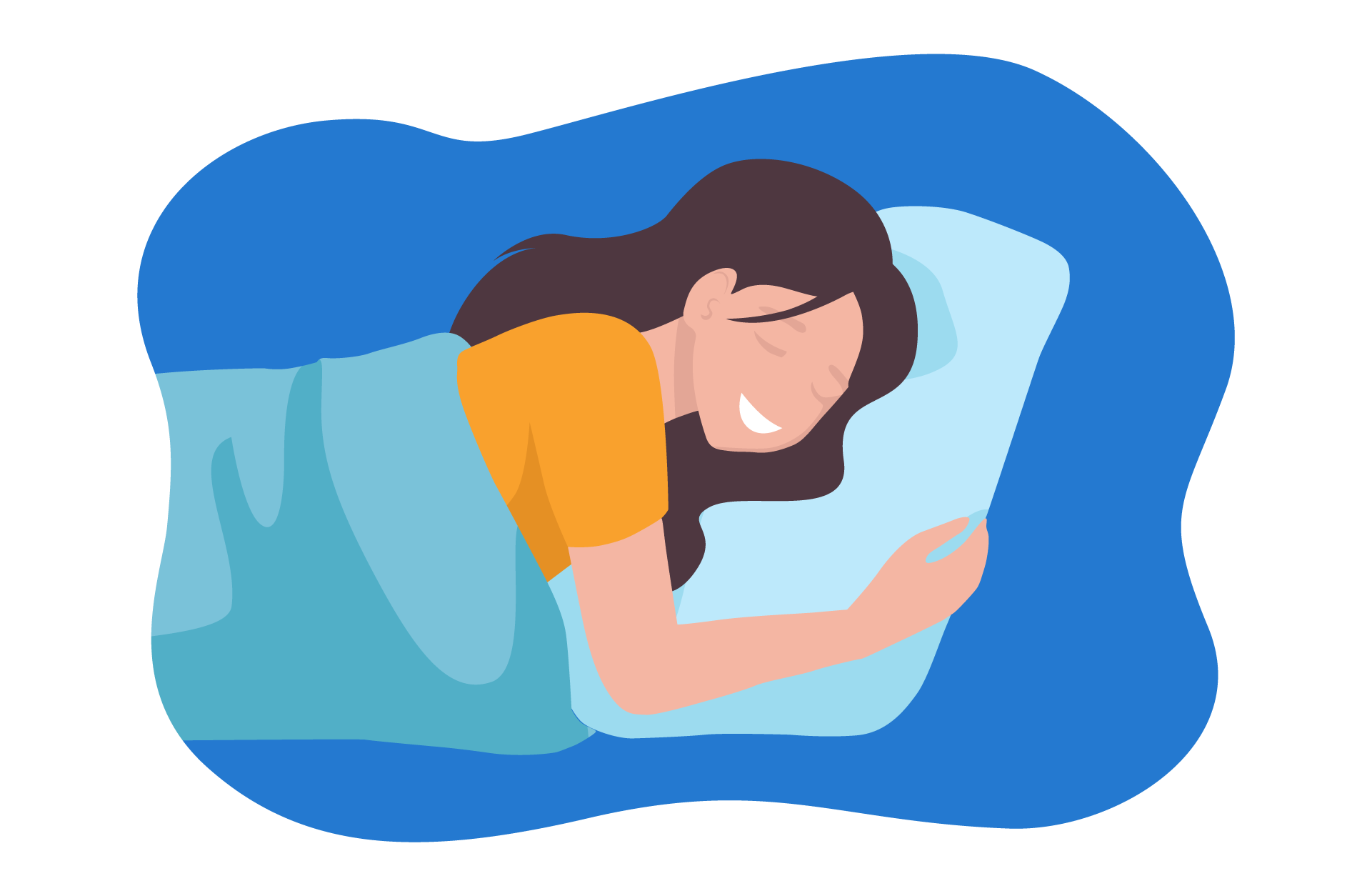 Desenho de mulher na cama dormindo e sorrindo.